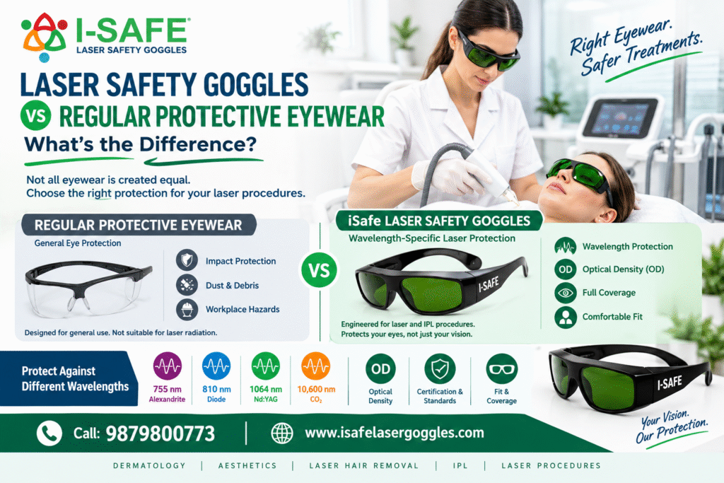 Laser Safety Goggles vs Regular Protective Eyewear Laser safety goggles vs regular protective eyewear showing iSafe laser protection